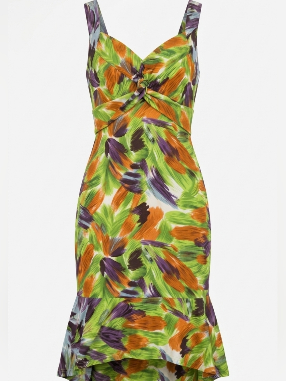 Sandra Angelozzi Green Orange Brushstroke sleeveless Flared Hem Midi Dress Sz L